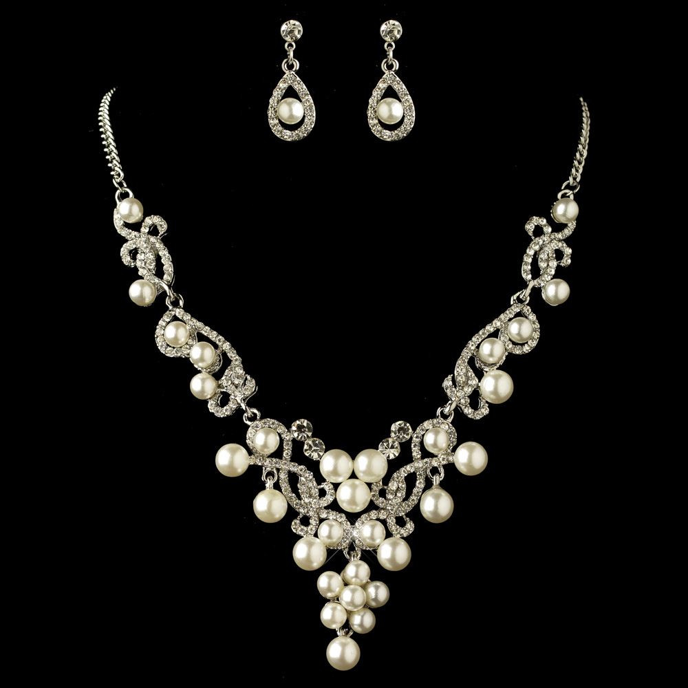 Pearl Necklace Sets
 Rhodium White Pearl & Rhinestone Swirl Jewelry Set 4213