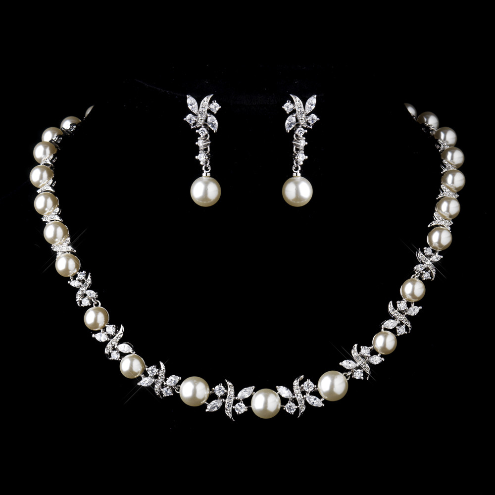 Pearl Necklace Sets
 Timeless Elegant Pearl CZ Bridal Jewelry Set Elegant
