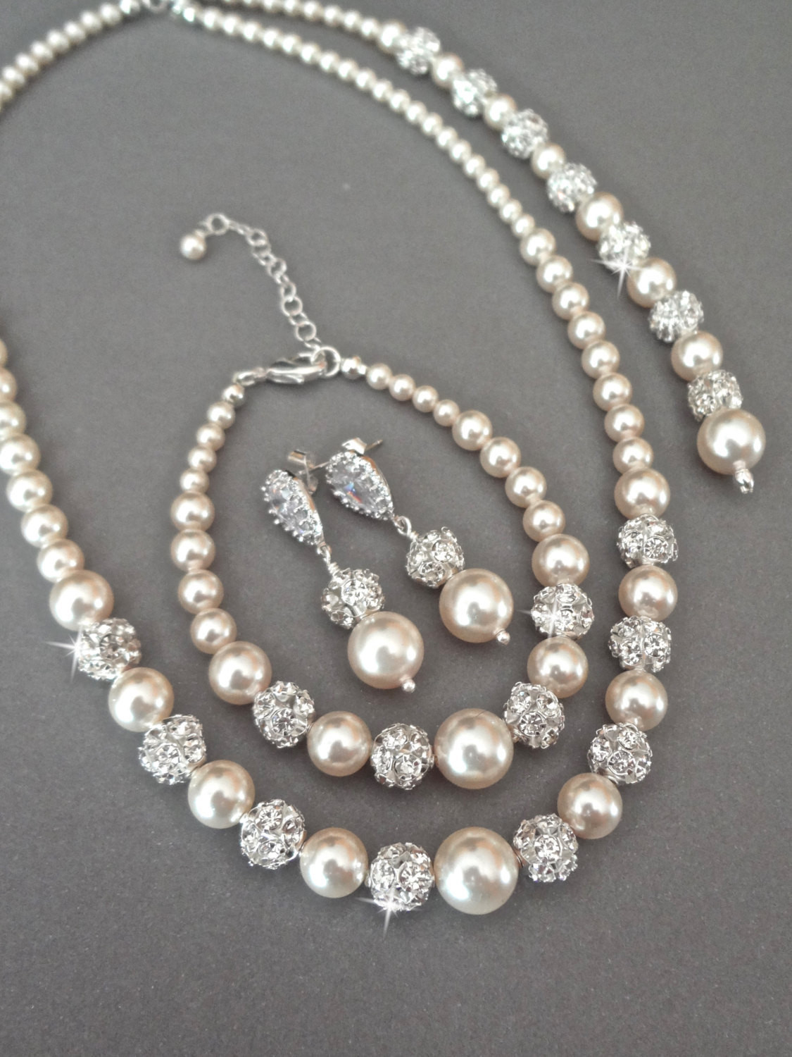 Pearl Necklace Sets
 Pearl jewelry set Swarovski pearls and crystals 3 piece