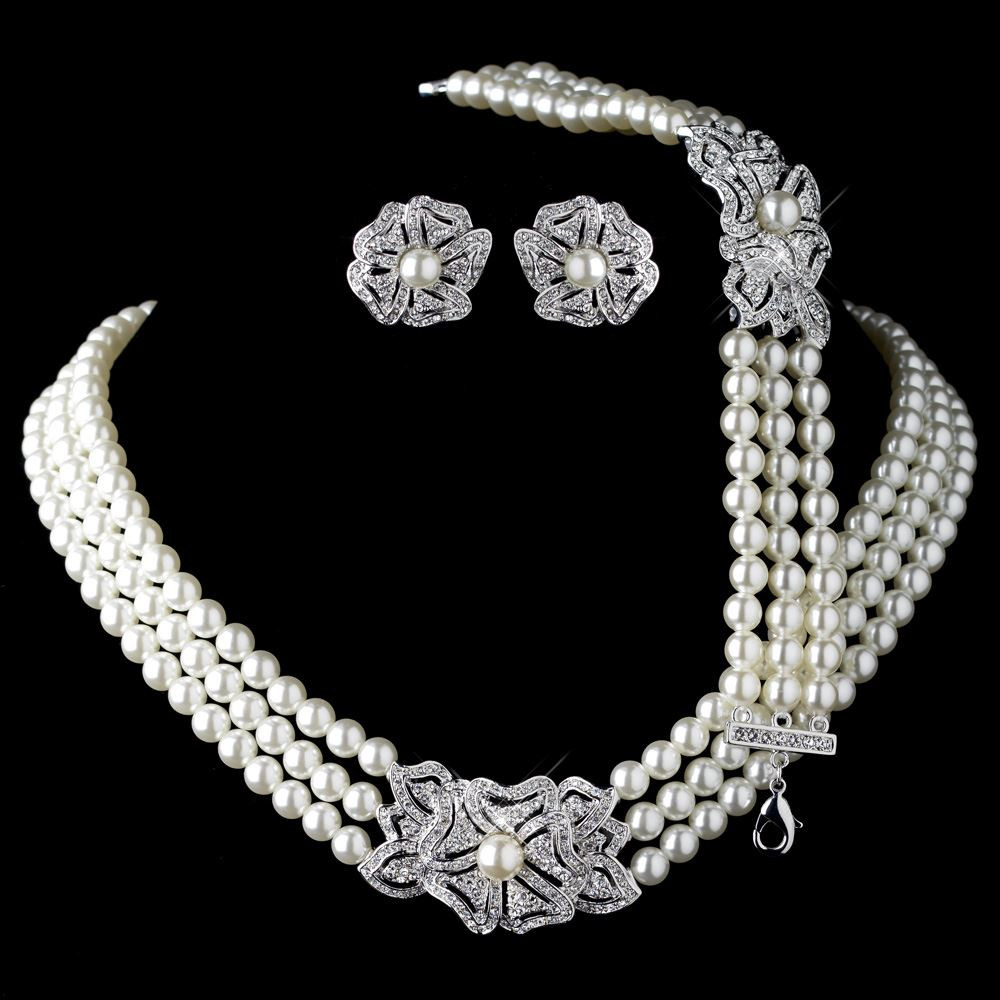 Pearl Necklace Sets
 Rhodium Ivory Pearl & Rhinestone Necklace Earrings