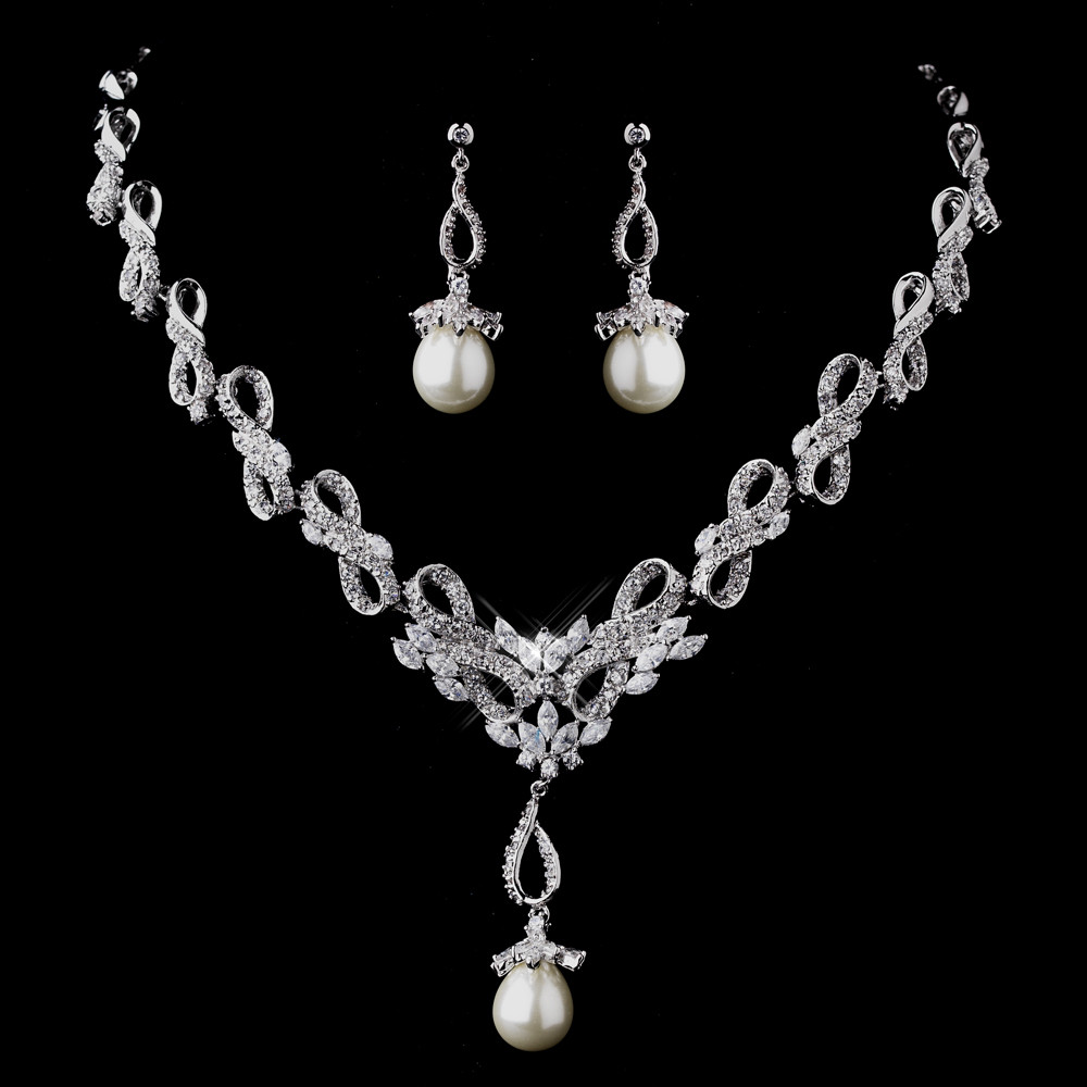 Pearl Necklace Sets
 Dazzling Vintage CZ Pearl Wedding Necklace Set Elegant