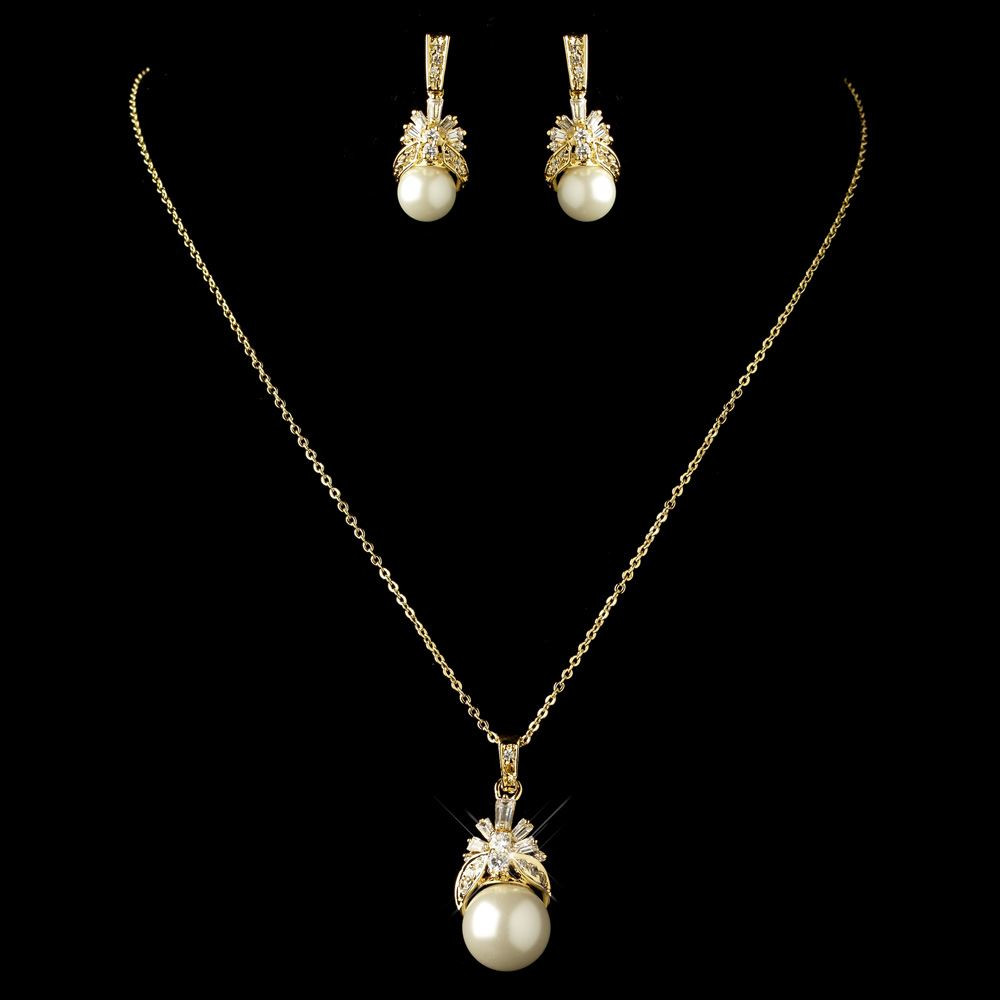Pearl Necklace Sets
 Gold Diamond White Pearl CZ Crystal Jewelry Set 8595