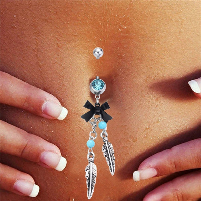 Peircings Body Jewelry
 Bowknot Feather Tassel Navel Piercing Blue Beads Surgical