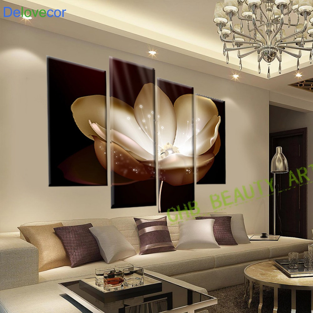 Pictures For Living Room Walls
 4 Panel Gold Flower Printed Painting Canvas Picture Wall