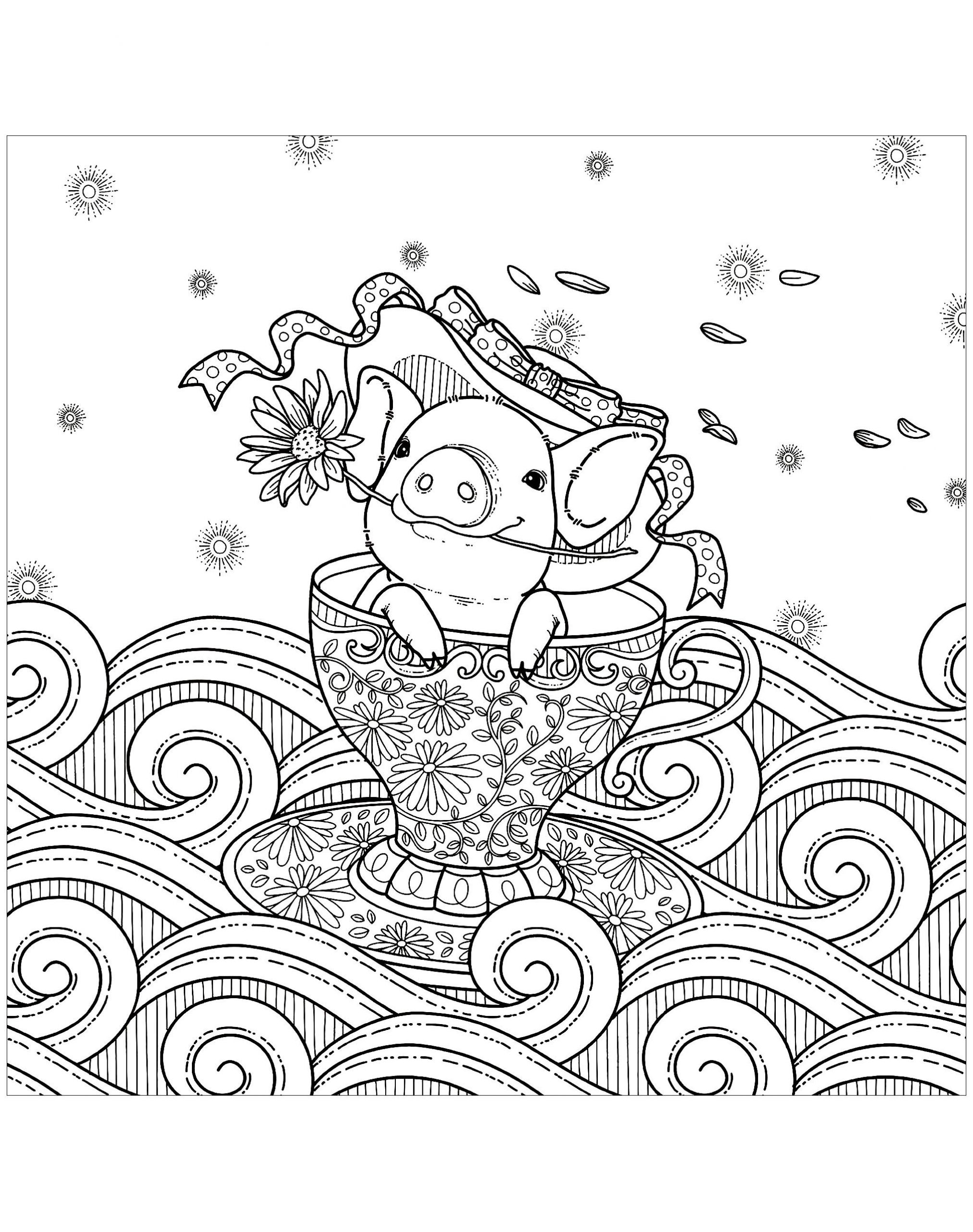 Pig Coloring Pages For Adults
 Pig in a cup Pigs Adult Coloring Pages