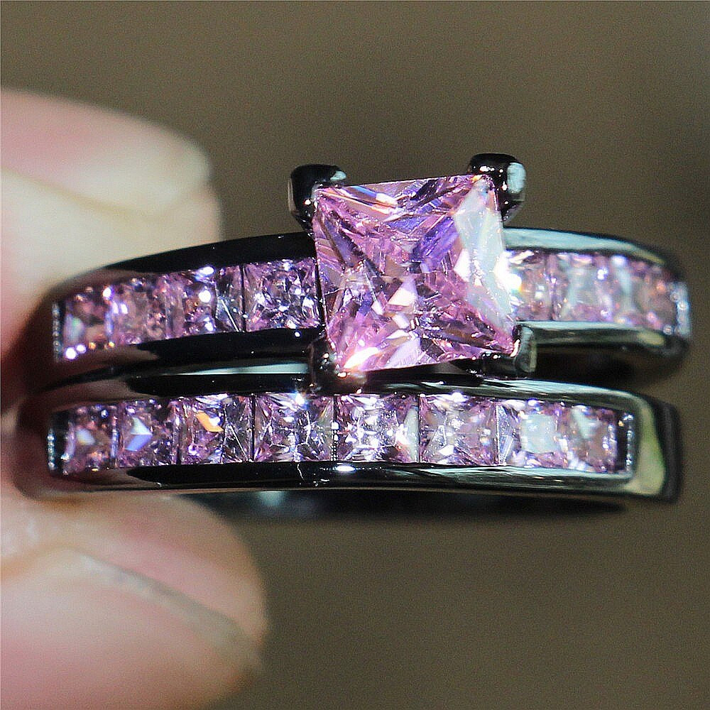 Pink And Black Diamond Wedding Rings
 Fashion Precious Princess cut Simulated Pink CZ Jewelry