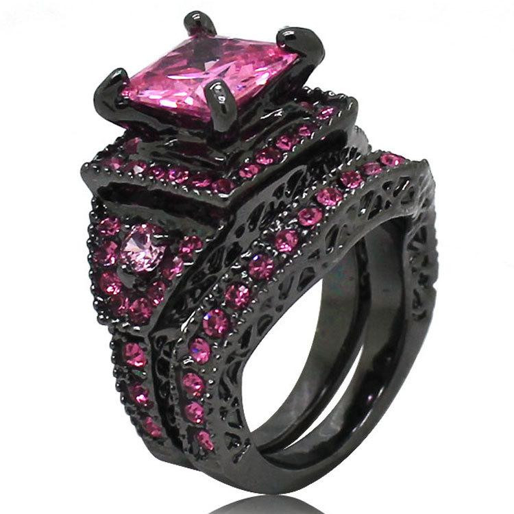 Pink And Black Diamond Wedding Rings
 Square Pink Cubic Zirconia Black Diamond Ring For Women