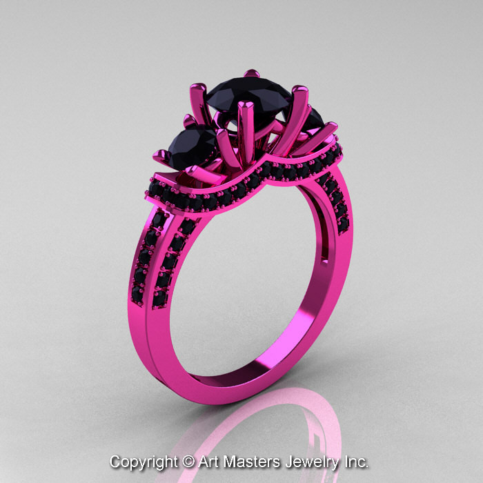 Pink And Black Diamond Wedding Rings
 French 14K Pink Gold Three Stone Black Diamond Wedding