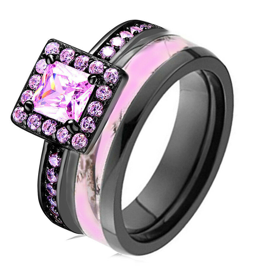 Pink And Black Diamond Wedding Rings
 Pink Camo Black 925 Sterling Silver & Titanium Engagement