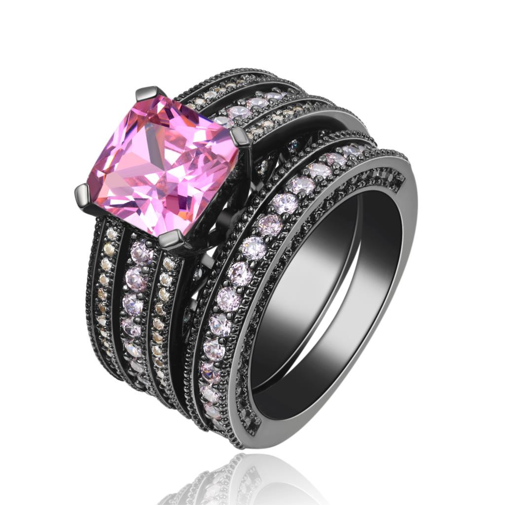Pink And Black Wedding Ring Sets
 Black Gun Women Wedding Ring Sets Platinum Lady Jewelry