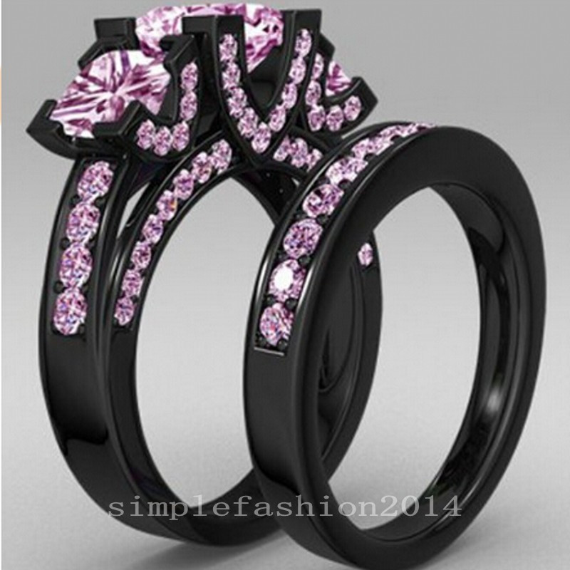 Pink And Black Wedding Ring Sets
 Princess cut Pink Sapphire Black Gold Filled 925 Silver