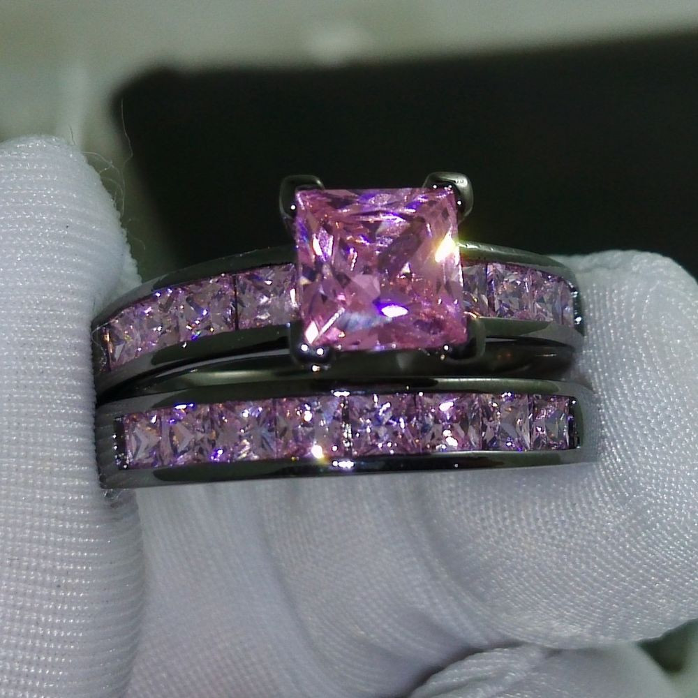 Pink And Black Wedding Ring Sets
 Sz 5 10 Princess Cut Pink sapphire 10kt black Gold Filled