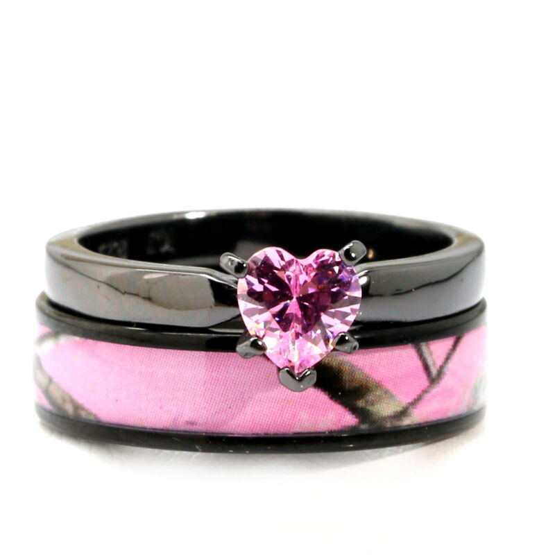 Pink And Black Wedding Ring Sets
 Black Plated Pink Heart CZ CAMO WEDDING RINGS Bridal