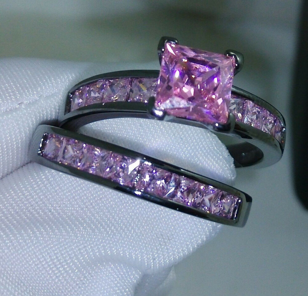Pink And Black Wedding Ring Sets
 Noble Pricess Cut Pink Sapphire 10KT Black Gold Filled