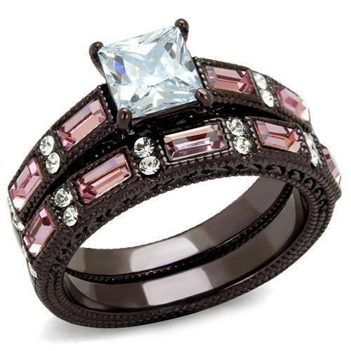Pink And Black Wedding Ring Sets
 Princess Square Pink CZ Black Stainless Steel 2PC Wedding