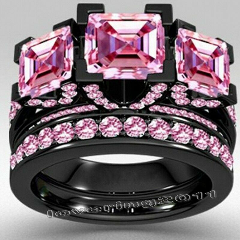 Pink And Black Wedding Ring Sets
 Women Princess cut Pink Sapphire Cz Black Gold 925 Silver