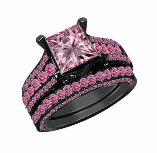 Pink And Black Wedding Ring Sets
 3Ct Princess & Rd Pink Sapphire 14k Black Gold Fn La s
