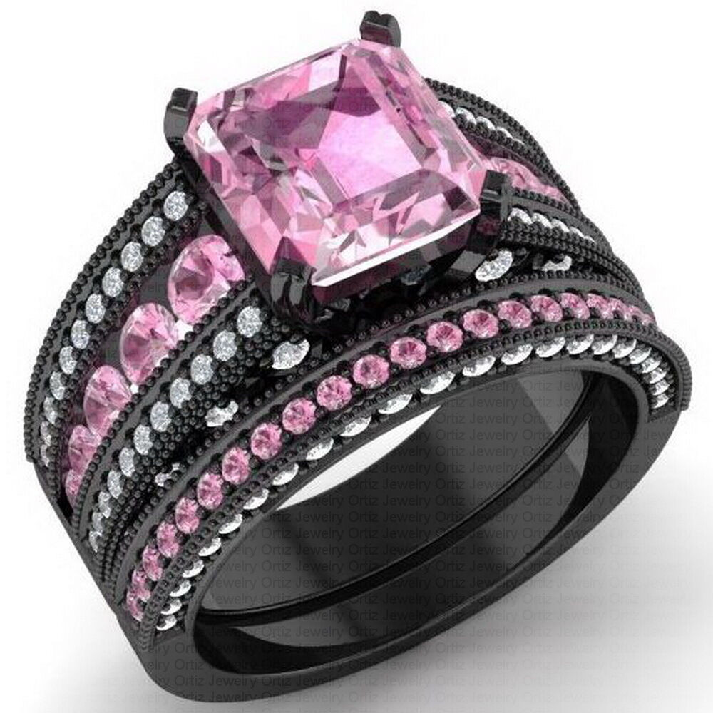 Pink And Black Wedding Ring Sets
 925 Black Sterling Silver CZ Moissanite Pink Radiant