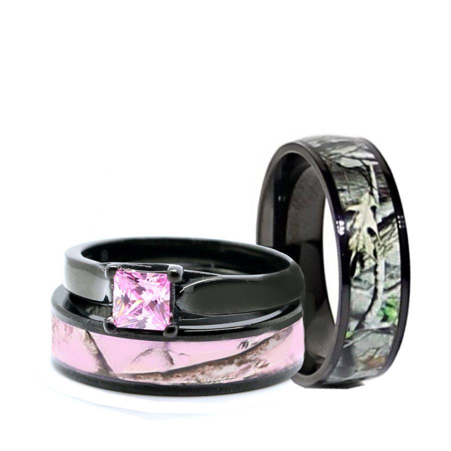 Pink And Black Wedding Ring Sets
 HIS Black Camo Band HER Pink Titanium Engagement Wedding