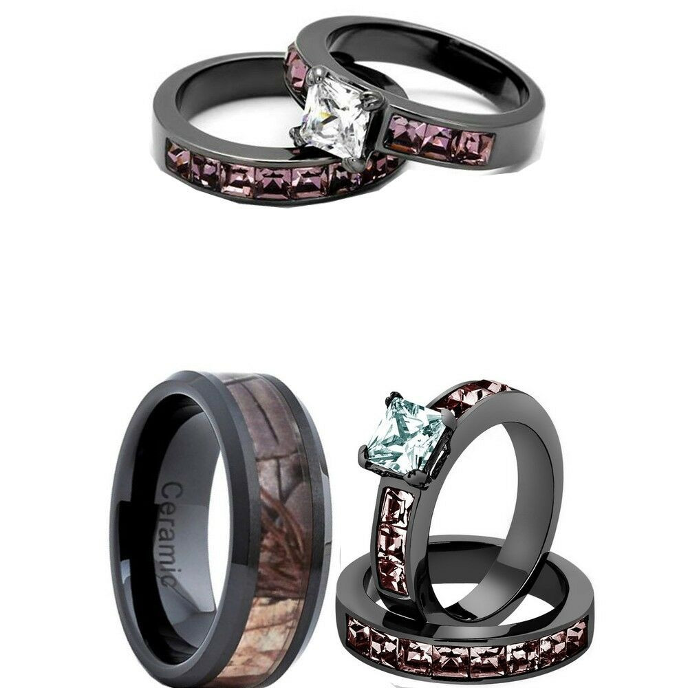 Pink Camo Wedding Rings For Her
 HIS CERAMIC CAMO 8MM AND HER PINK CZ STAINLESS STEEL