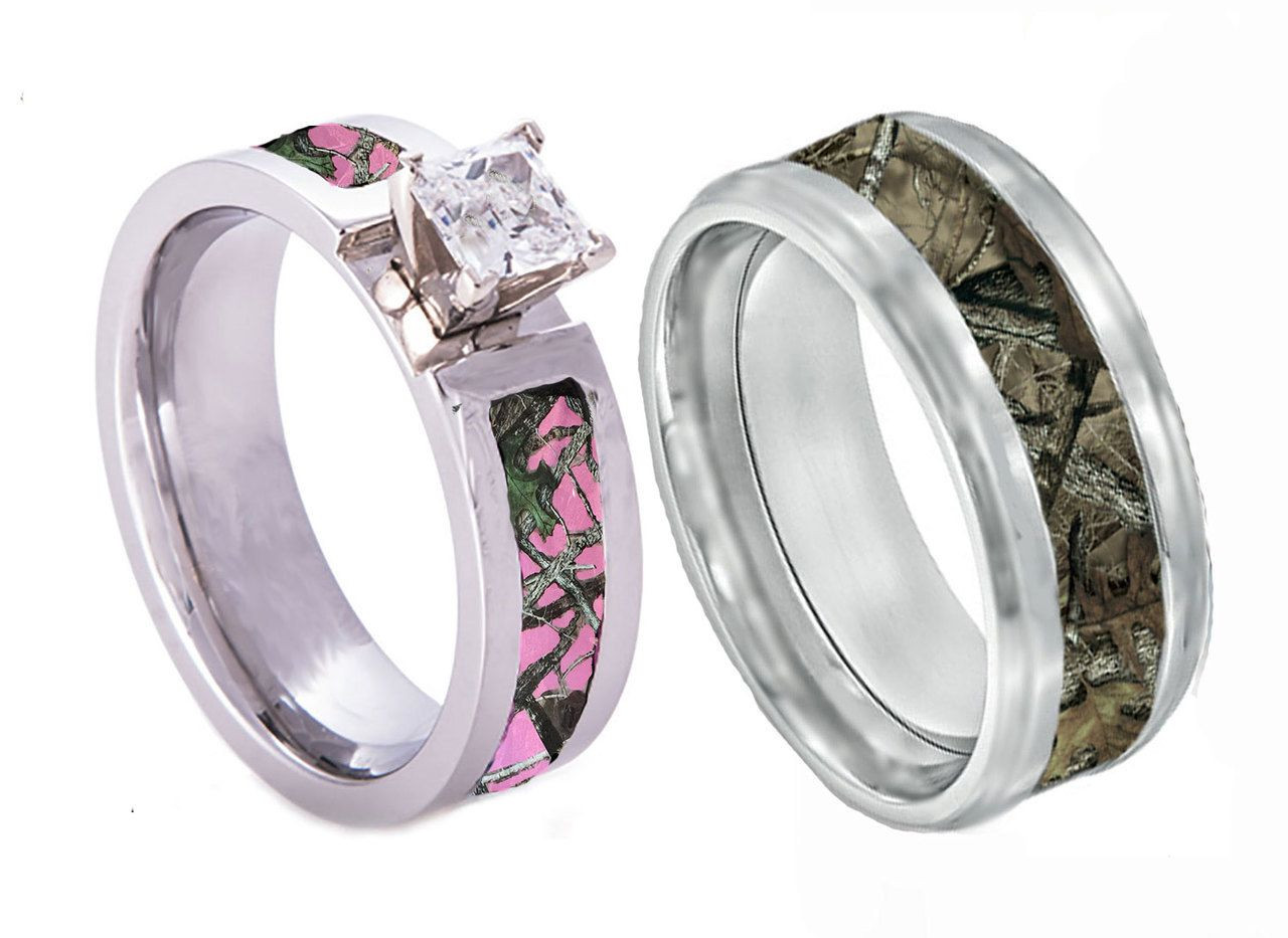 Pink Camo Wedding Rings For Her
 Pink Camo CZ Ring With Regular Camo Band Set