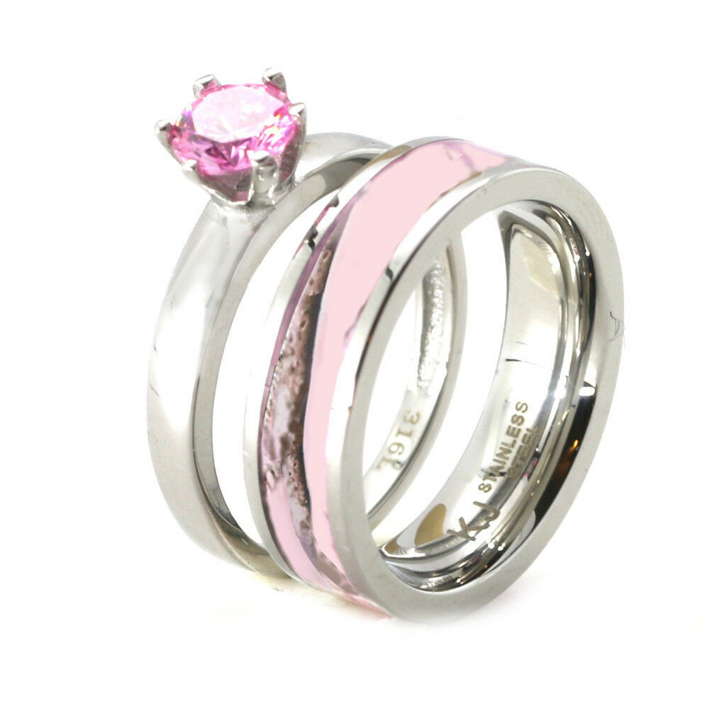 Pink Camo Wedding Rings For Her
 Womens Pink Camo Engagement Wedding Ring Set Stainless