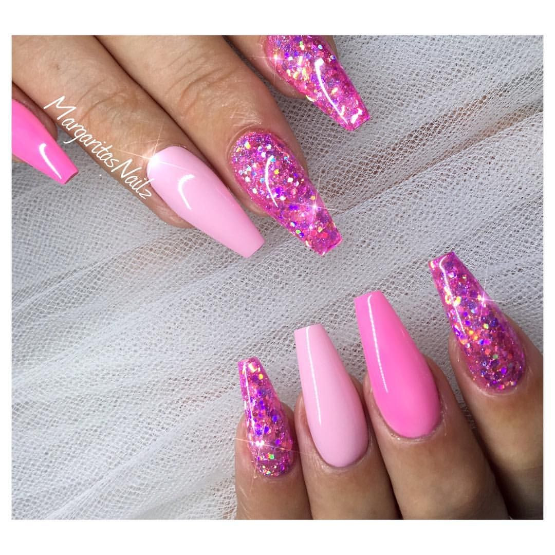 Pink Glitter Nails Acrylic
 Pink glitter coffin nails MargaritasNailz