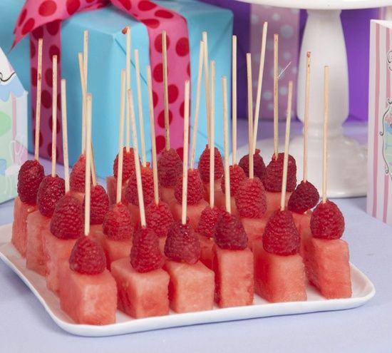Pink Party Food Ideas
 Pink Party Idea Watermelon and raspberry fruit on a stick