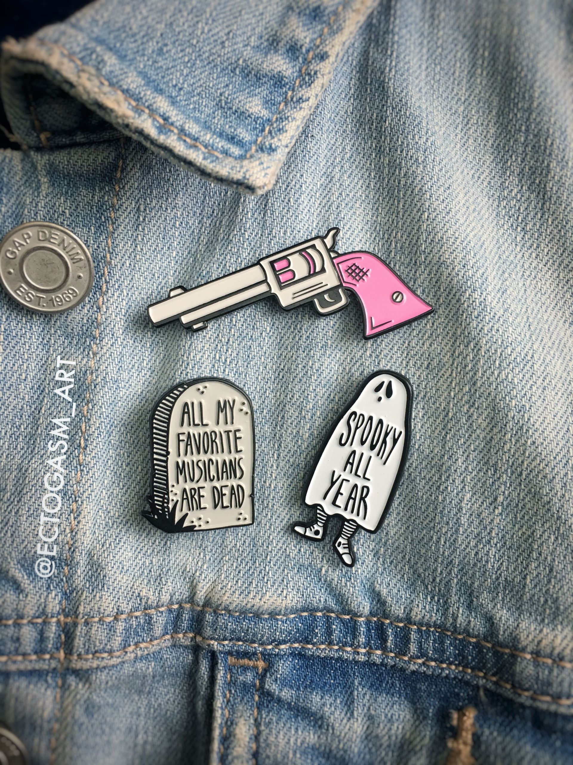 Pins On Denim Jacket
 Creepy cute punk enamel pin collection on a denim jacket