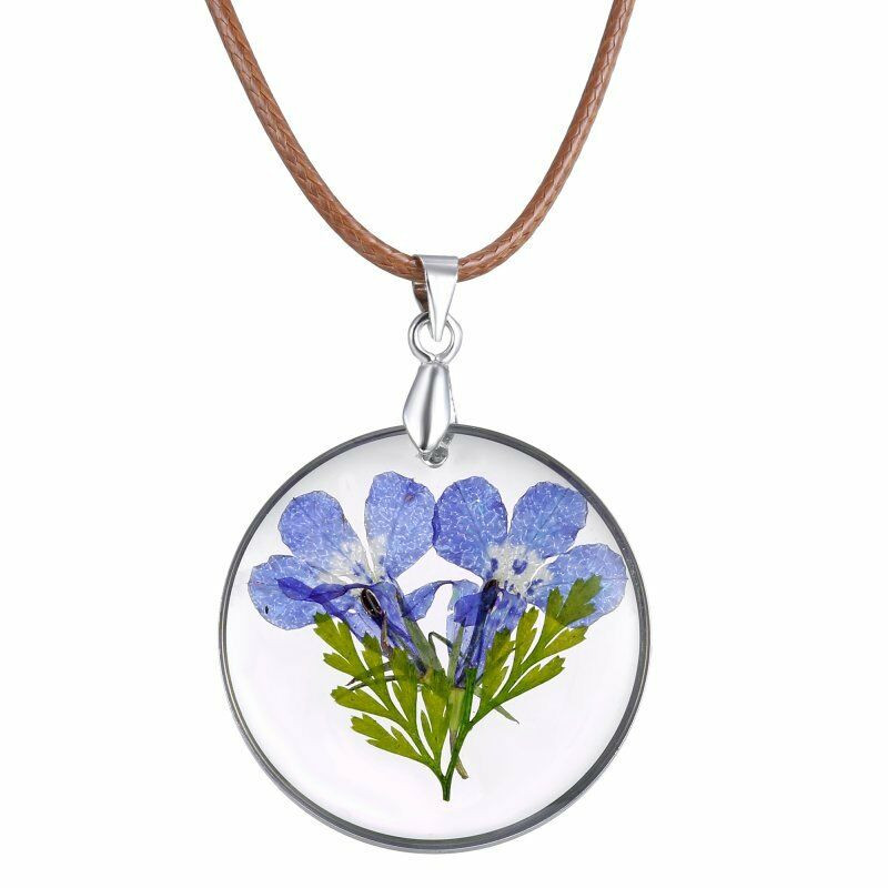 Pressed Flower Necklace
 Natural Real Dried Flowers Round Glass Pendant Pressed