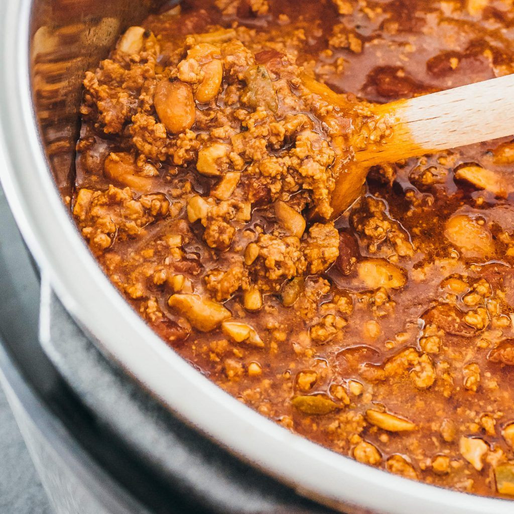 Pressure Cooker Chili Ground Beef
 Chili with ground beef and canned beans being made in an