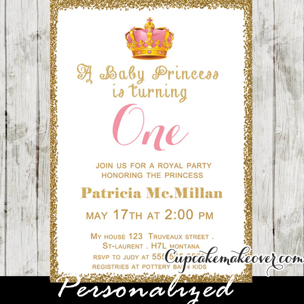 Princess 1st Birthday Invitations
 Gold Glitter Baby Princess First Birthday Invitation