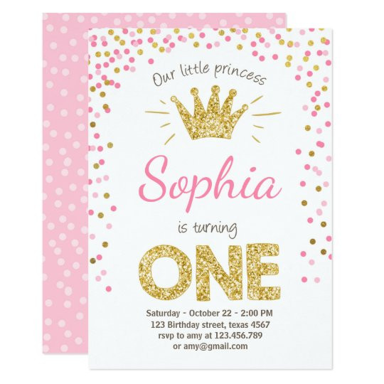 Princess 1st Birthday Invitations
 First birthday invitation Princess Gold Pink