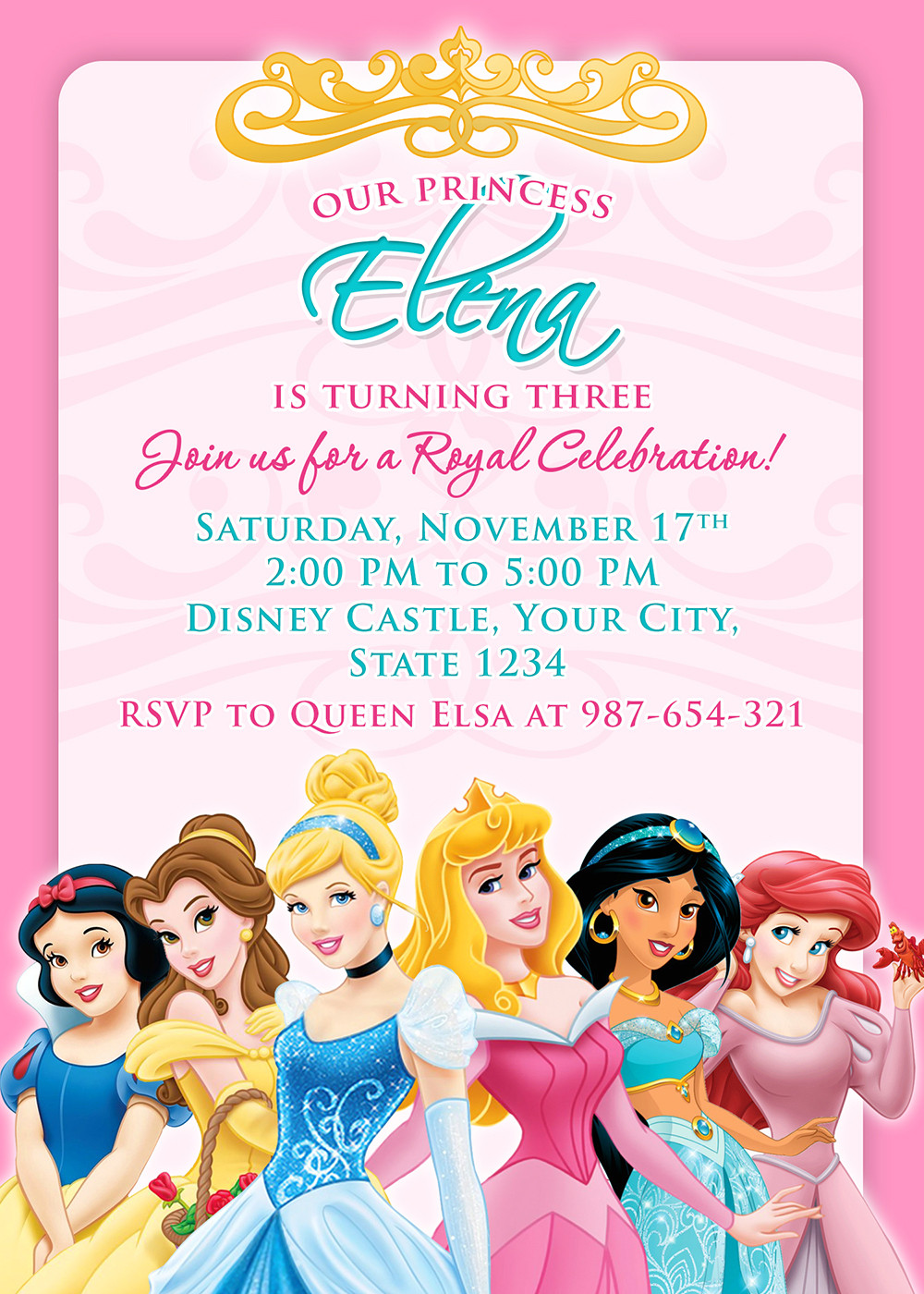 Princess Birthday Invitation
 Disney Princess Invitation