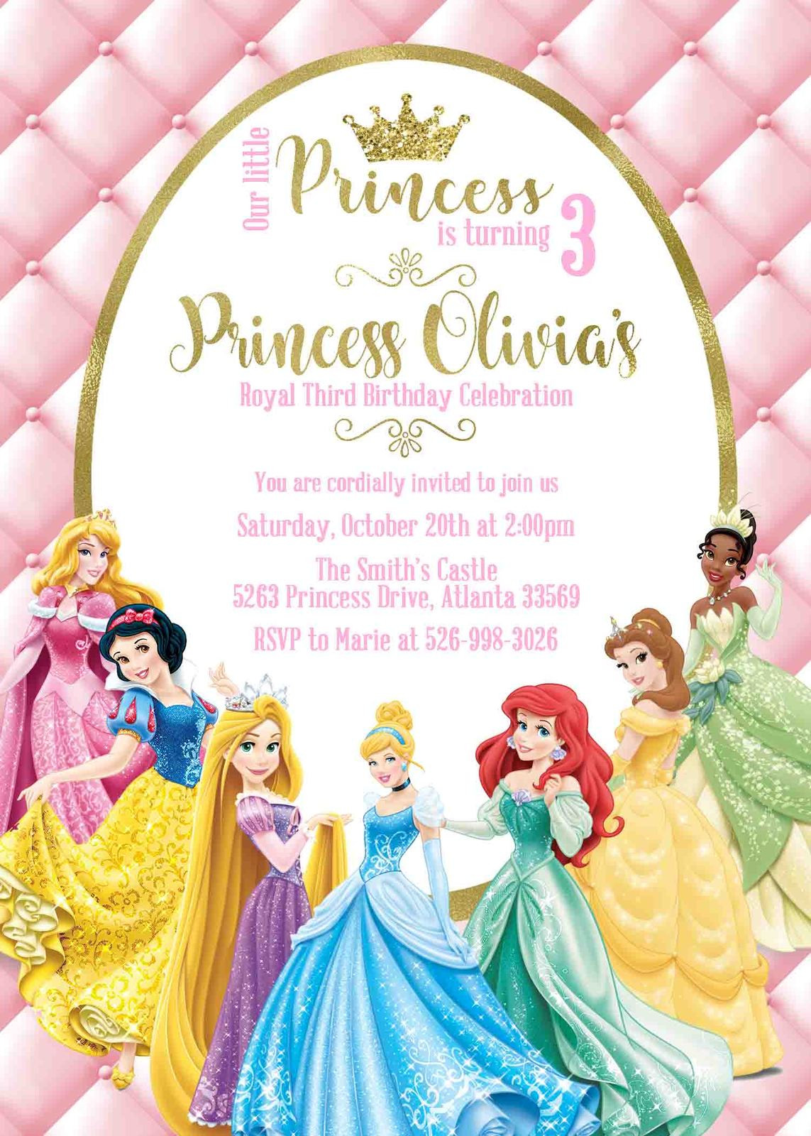 Princess Birthday Invitation
 Princess Birthday Invitation Disney Princess Personalized