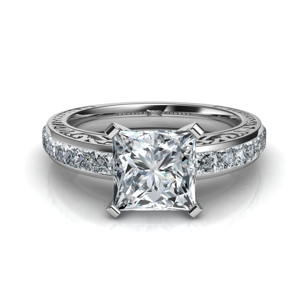 Princess Cut Engagement Ring
 Hand Engraved Vintage Style Princess Cut Engagement Ring