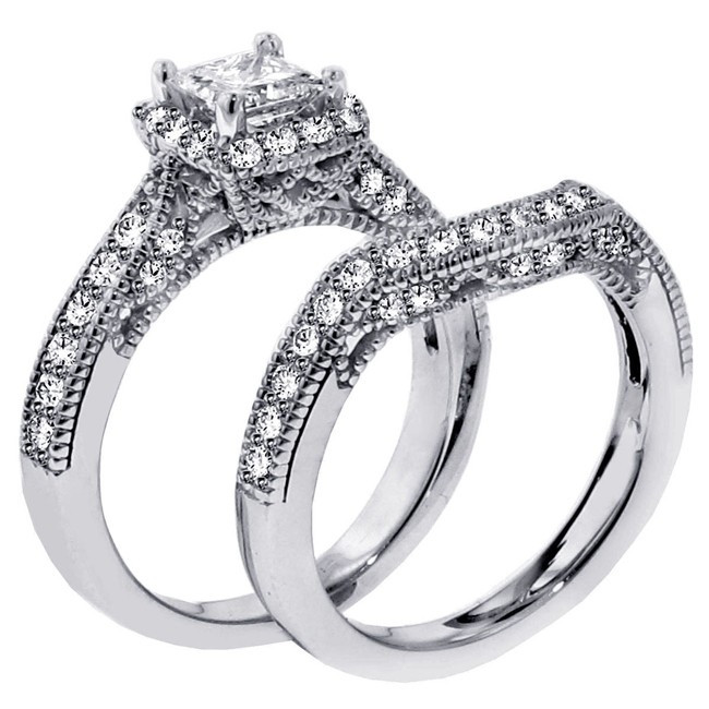Princess Cut Wedding Rings Sets
 1 Carat Vintage Princess cut Diamond Wedding Ring Set for