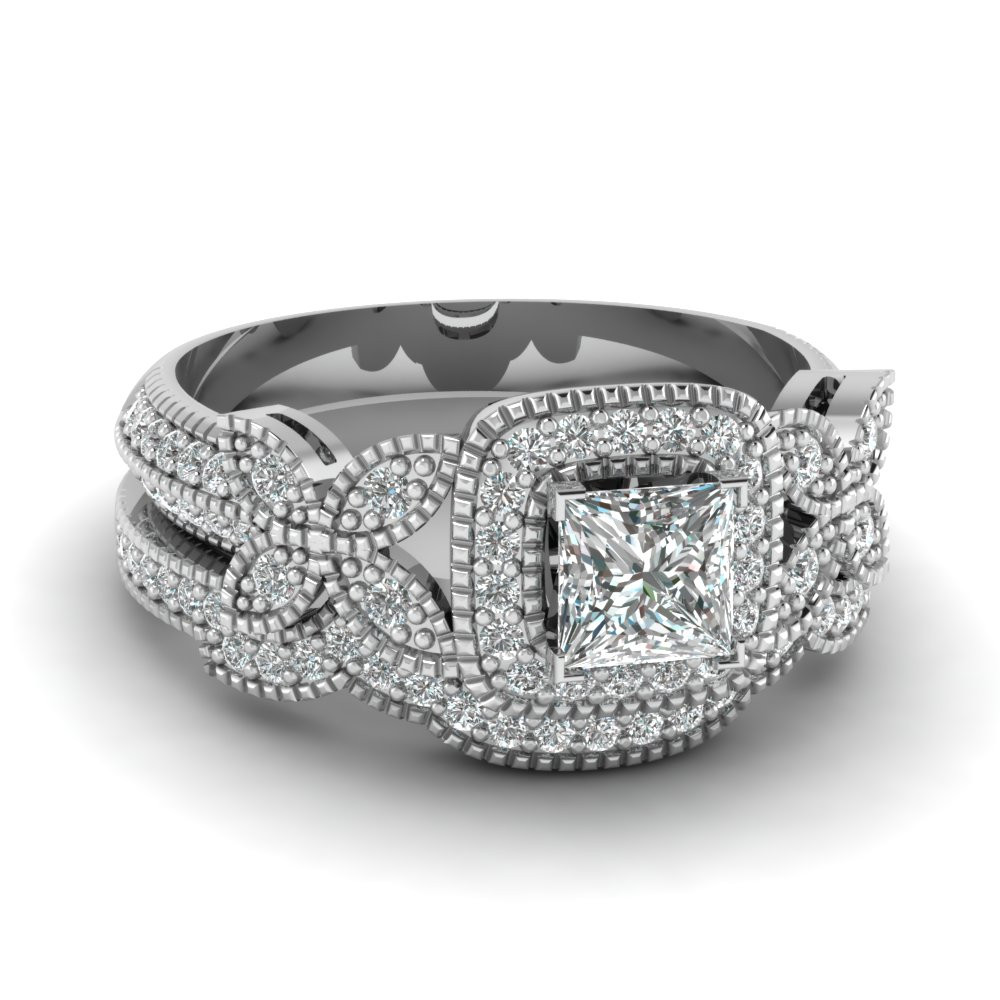 Princess Cut Wedding Rings Sets
 Princess Cut Halo Diamond Wedding Ring Set In 18K White