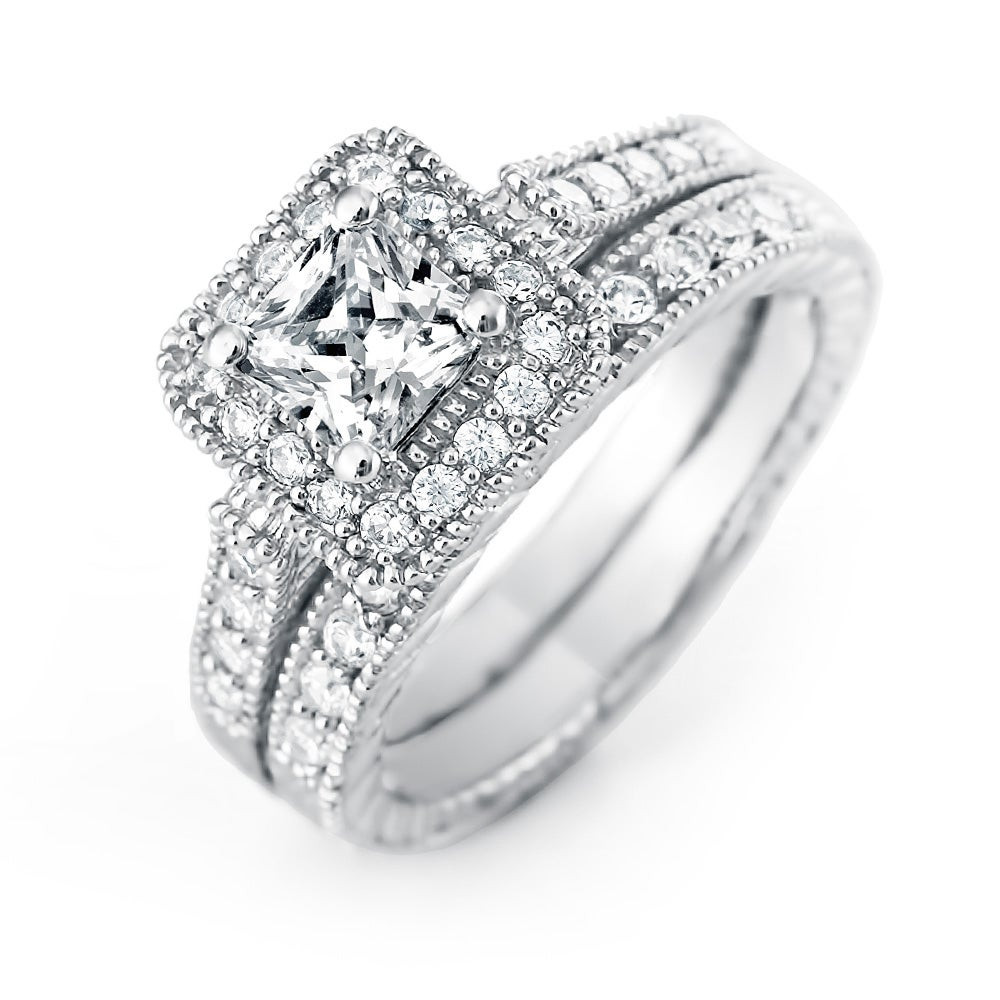 Princess Cut Wedding Rings Sets
 Princess Cut Halo CZ Wedding Ring Set