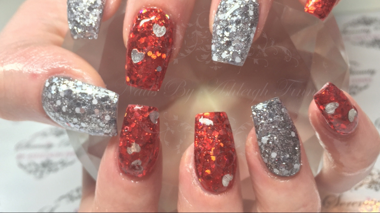 Red And Silver Glitter Nails
 Red & Silver All Glitter