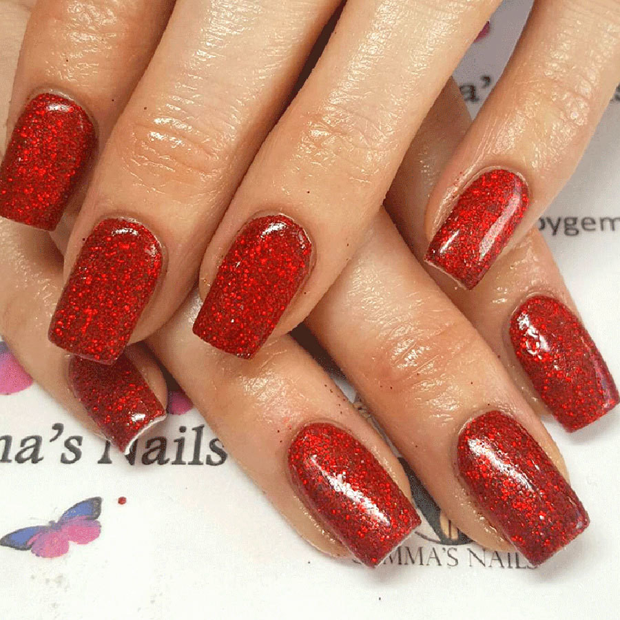 Red And Silver Glitter Nails
 Red Nails With Silver Glitter Ombre At Base And Black Gold