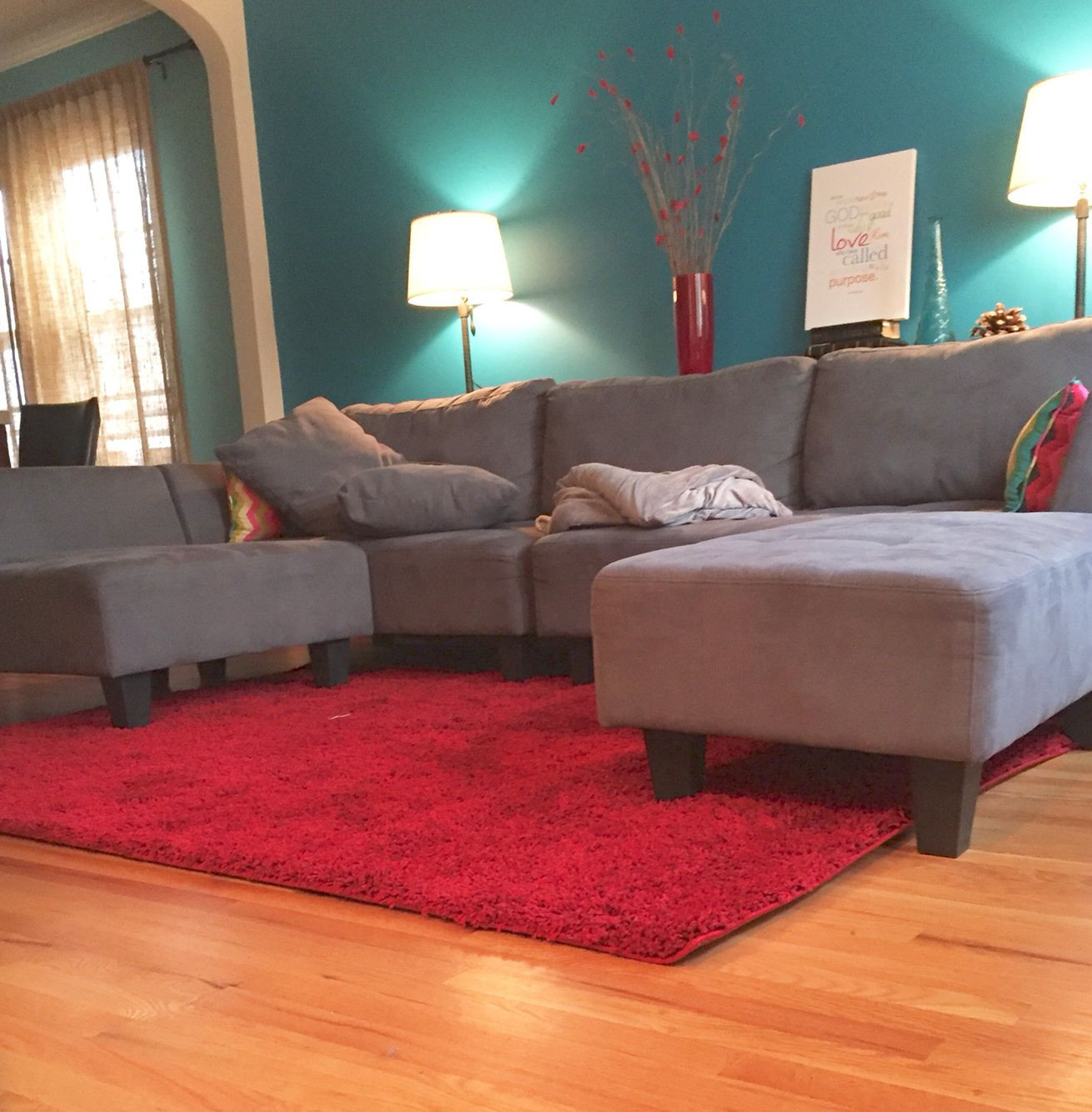 Red Rugs For Living Room
 Living room idea Teal blue wall grey couch ruby red rug