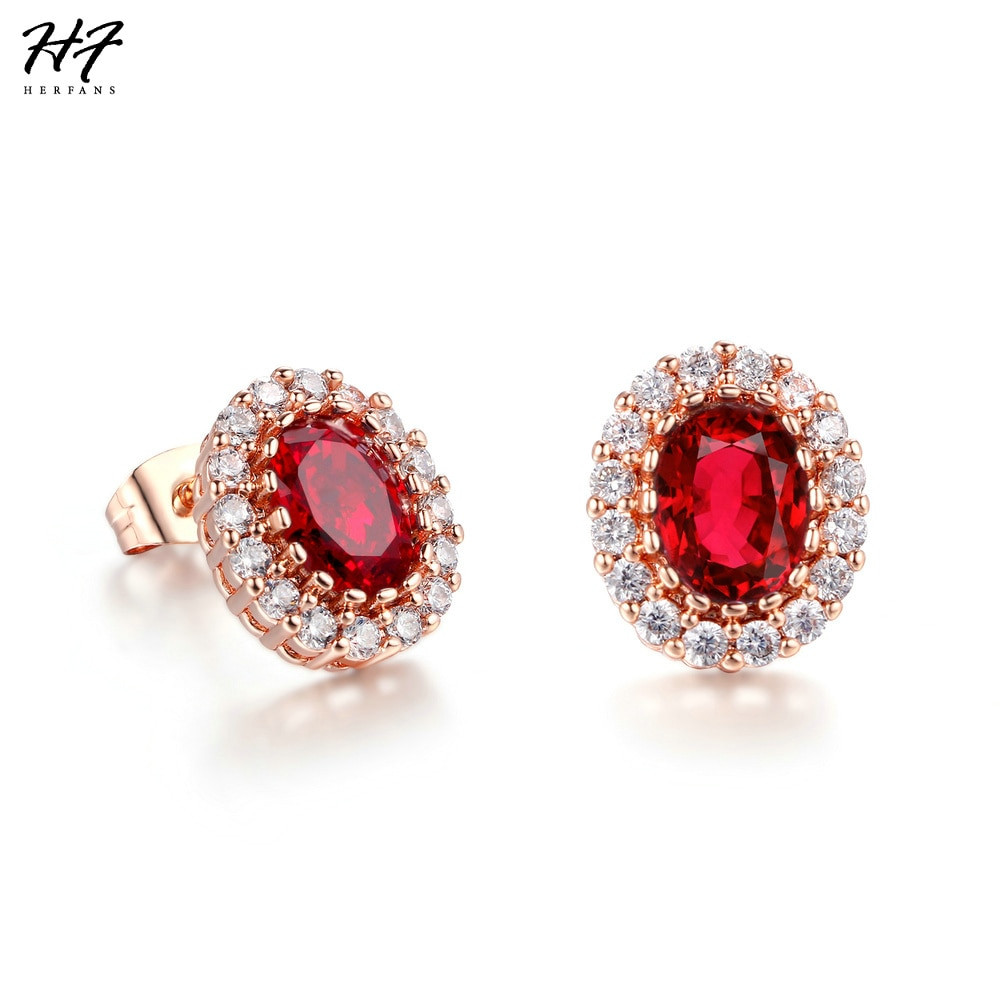 Red Stud Earrings
 Luxury Red Crystal Stud Earrings for Women Rose Gold Color