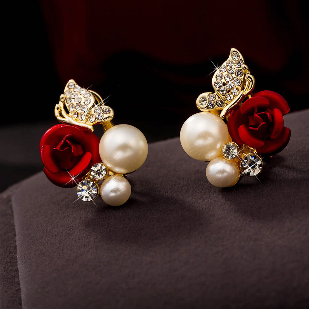 Red Stud Earrings
 Red Rose Floral&Imitation Pearl Stud Earring 18k Gold