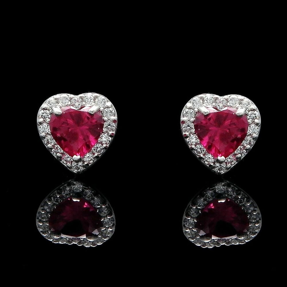 Red Stud Earrings
 1CT Halo Heart Earrings Ruby Red Created Diamond Studs 14K