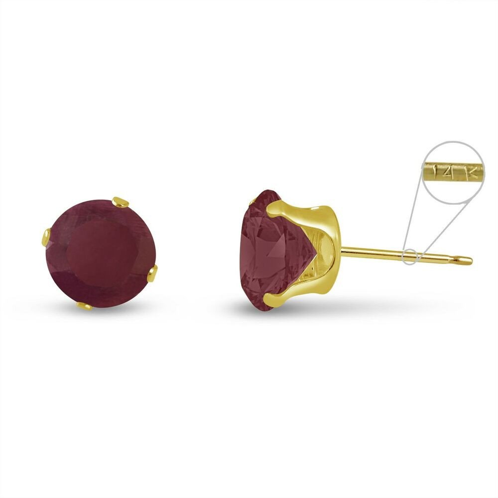 Red Stud Earrings
 Solid 14K Yellow Gold Round Genuine Red Ruby July Stud