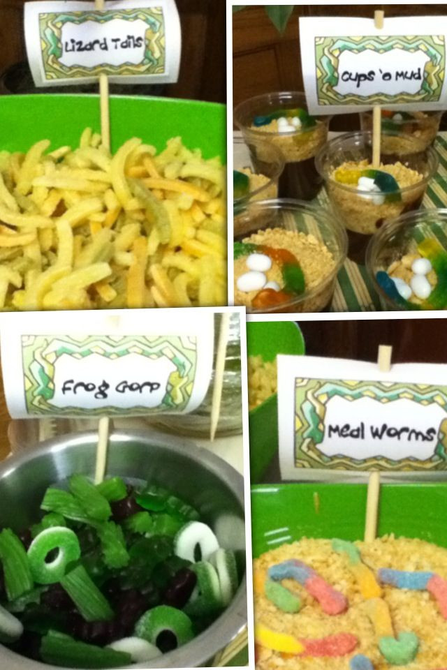 Reptile Party Food Ideas
 Reptile party food Lizard tails=veggie straws Cups o