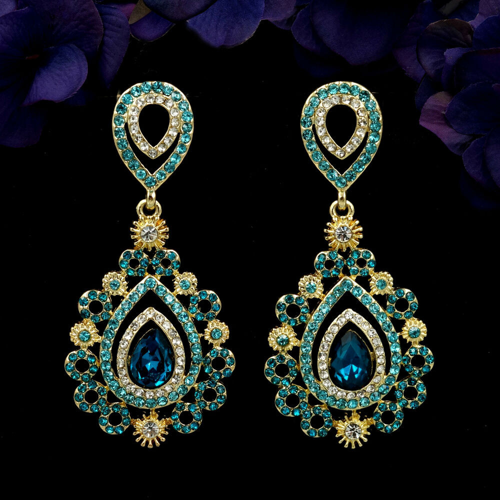 Rhinestone Drop Earrings
 18K Gold Plated GP Blue Crystal Rhinestone Drop Chandelier
