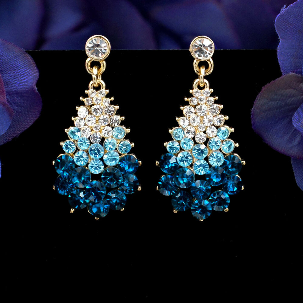 Rhinestone Drop Earrings
 New 18K Gold Plated GP Blue Crystal Rhinestone Drop Dangle