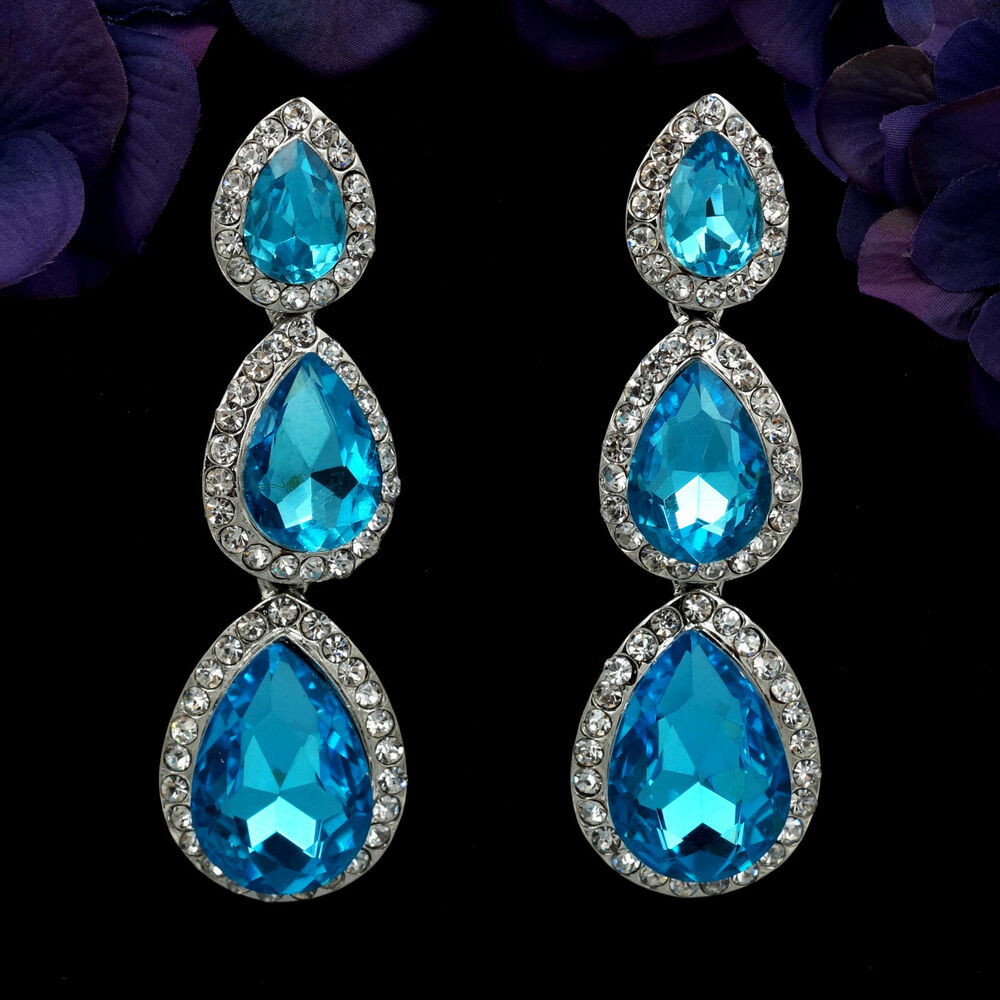 Rhinestone Drop Earrings
 Rhodium Plated Blue Crystal Rhinestone Drop Chandelier